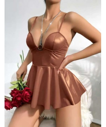 Bicomi Kahverengi Parlak Lame Fantezi Deri Elbise