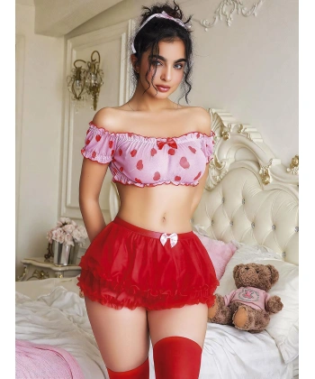 Bicomi Kalp Desenli Fantezi Kırmızı Gecelik