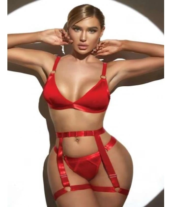 Bicomi Kırmızı Bacak Aksesuarlı Fantezi Jartiyer Takım