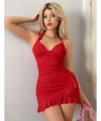 Bicomi Kırmızı Boyundan Bağlamalı Fırfırlı Fantezi Mini Club Elbisesi