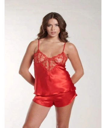 Bicomi Kırmızı Dantel Detaylı İnce Askılı Saten Şortlu Takım