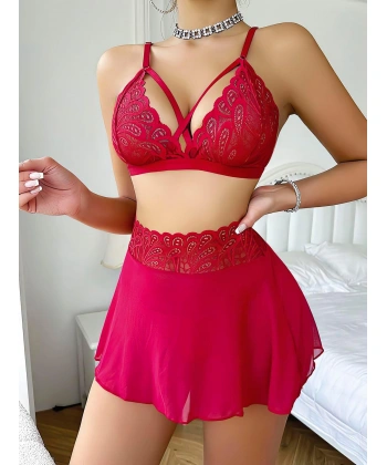Bicomi Kırmızı Dantel İşlemeli Etekli Fantezi Sütyen Takımı