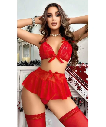 Bicomi Kırmızı Dantel İşlemeli Etekli Sütyen Fantezi Takım