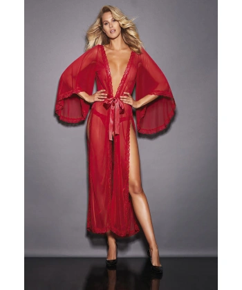 Bicomi Kırmızı Dantel İşlemeli Yırtmaçlı Tül Uzun Fantezi Gecelik