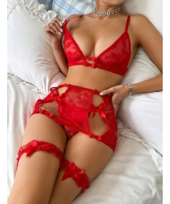 Bicomi Kırmızı Dantelli Bacak Aksesuarlı Sütyen Takım