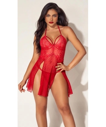 Bicomi Kırmızı Dantelli Boyundan Askılı Göğüs Detay Gecelik Takımı
