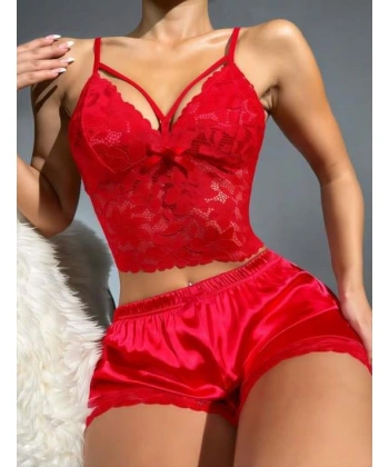 Bicomi Kırmızı Dantelli Büstiyer İnce Askılı Saten Şortlu Takım