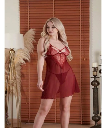 Bicomi Kırmızı Dantelli Göğüs Çapraz İpli Transparan Tül Fantezi Gecelik