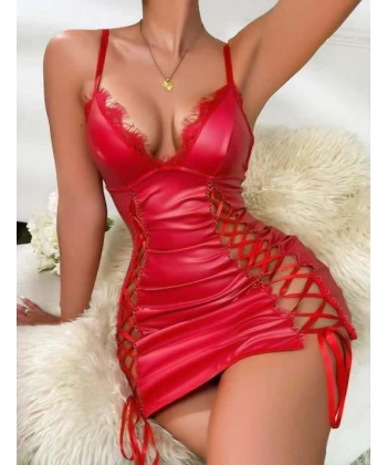 Bicomi Kırmızı Fantezi İp Detaylı Deri Şık Elbise