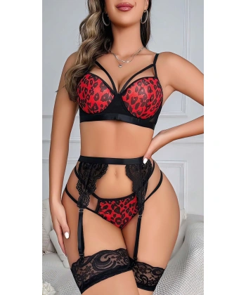 Bicomi Kırmızı Leopar Desenli Fantezi Jartiyer Takımı