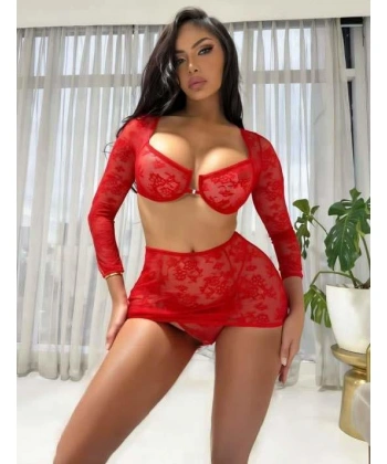 Bicomi Kırmızı Transparan Fantezi Etekli Bolero Takım