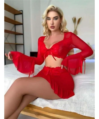 Bicomi Kırmızı Transparan Fantezi Etekli Gecelik Takım