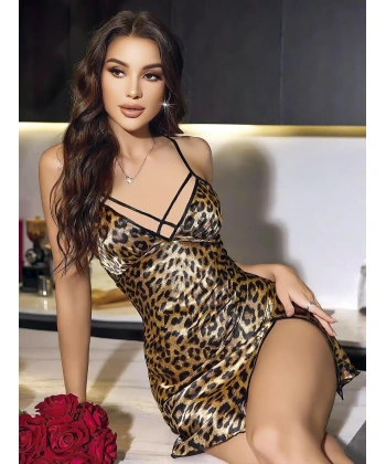 Bicomi Leopar Desenli Sırt Çapraz Askılı Saten Mini Gecelik