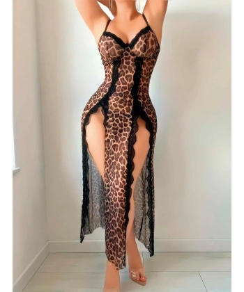 Bicomi Leopar Desenli Yırtmaçlı Fantezi Uzun Gecelik