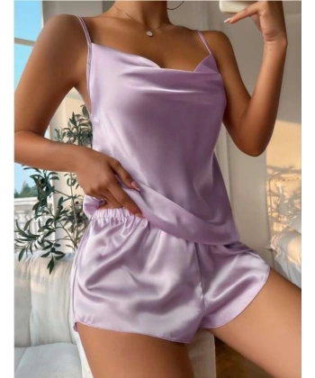 Bicomi Lila İnce Askılı Saten Şortlu Takım