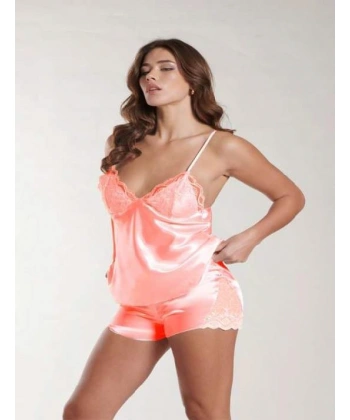 Bicomi Mercan Dantel İşlemeli İnce Askılı Saten Şortlu Takım