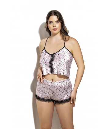 Bicomi Öpücük Desenli Fantezi Büyük Beden Şortlu Saten Takım