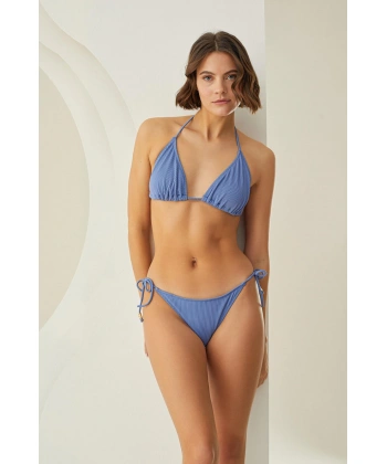 Bicomi Özel Tasarım Fitilli Boyundan Bağlamalı Mavi Üçgen Bikini Takımı