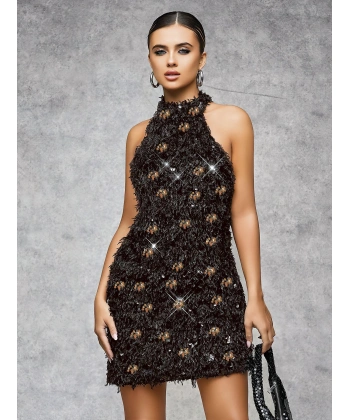 Bicomi Özel Tasarım Gümüş Işıltılı Sırt Dekolteli Fantezi Mini Club Elbisesi