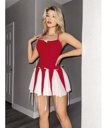 Bicomi Özel Tasarım Kırmızı Etekleri Beyaz Pileli Elbisesi