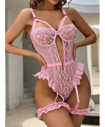 Bicomi Özel Tasarım Pembe Dantelli Fantezi Jartiyer Takımı