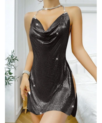 Bicomi Özel Tasarım Siyah Payetli Zincir Detaylı Parlak Işıltılı Sırt Dekolteli Fantezi Mini Club Elbisesi