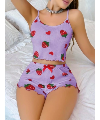 Bicomi Pamuklu Lila Üstüne Çilek Desen Fitilli Askılı Şortlu Pijama Takımı