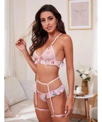 Bicomi Pembe Çiçek Desen Fırfırlı Fantezi Jartiyer Takım