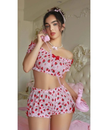 Bicomi Pembe Çilek Desenli Şortlu Fantezi Sütyen Takımı