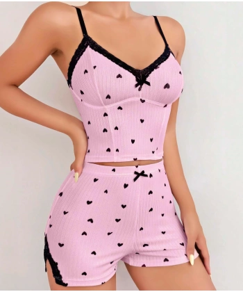 Bicomi Pembe Kalp Desenli Askılı Şortlu Pijama Takım