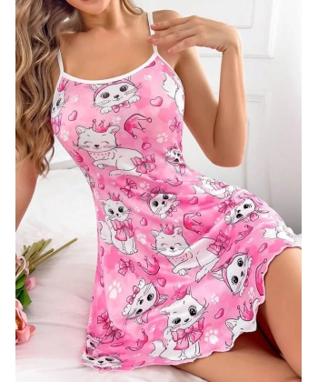 Bicomi Pembe Kedi Desenli Fantezi Gecelik