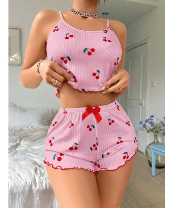 Bicomi Pembe Kiraz Desenli Askılı Şortlu Pijama