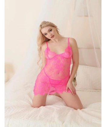 Bicomi Pembe Transparan Dantel Fantezi Gecelik