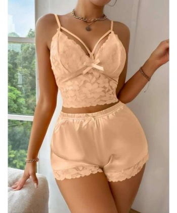 Bicomi Sarı Dantelli Büstiyer İnce Askılı Saten Şortlu Takım