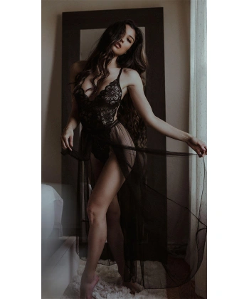 Bicomi Siyah Belden Bağlamalı Dantelli Body Gecelik