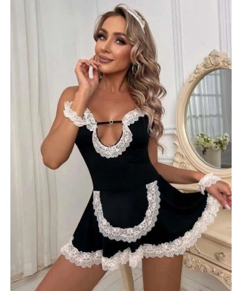 Bicomi Siyah Beyaz Aksesuarlı Dantelli Fantezi Hizmetçi Kostümü