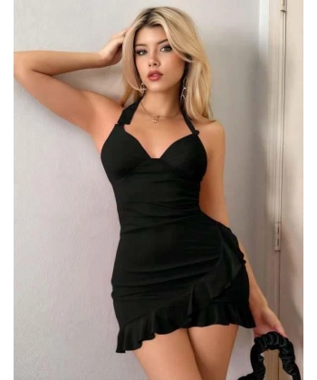 Bicomi Siyah Boyundan Bağlamalı Fırfırlı Fantezi Mini Club Elbisesi