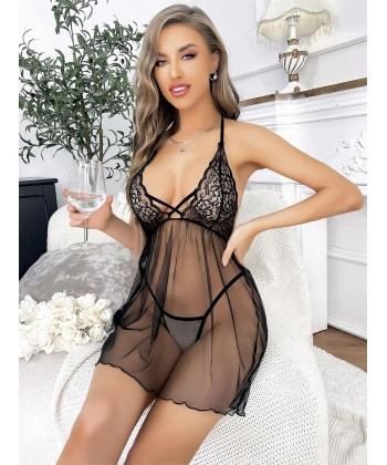 Bicomi Siyah Dantel İşlemeli Fantezi Şık Tül Gecelik