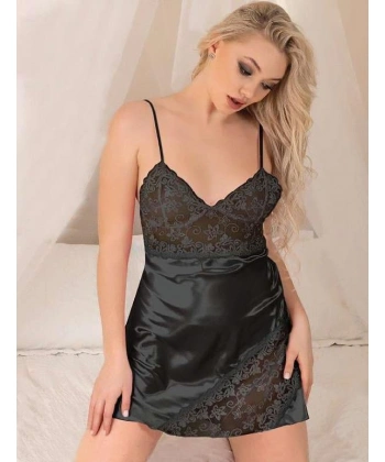 Bicomi Siyah Dantel İşlemeli İnce Askılı Saten Kısa Fantezi Gecelik