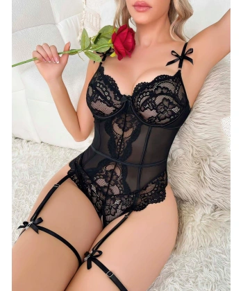 Bicomi Siyah Dantel İşlemeli Özel Bölgesi Açık Fantezi Body Jartiyer Takımı