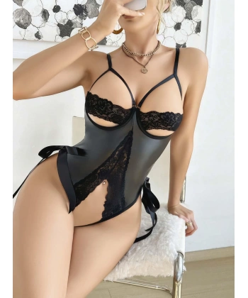 Bicomi Siyah Dantel İşlemeli Özel Bölgesi Açık Fantezi Deri Body