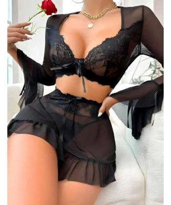 Bicomi Siyah Dantelli Etekli Fantezi Tül Bolero Sütyen Takım