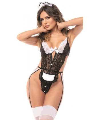 Bicomi Siyah Dantelli Fantezi Body Hizmetçi Kostümü