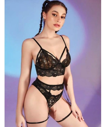 Bicomi Siyah Dantelli Fantezi Jartiyer Takım