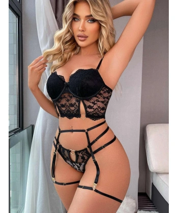 Bicomi Siyah Dantelli Jartiyer Fantezi Seksi Büstiyer Takımı