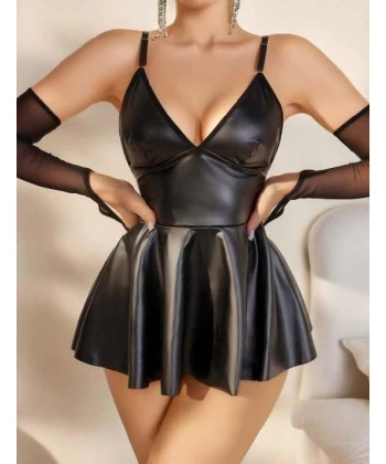 Bicomi Siyah Etekli Fantezi Deri Elbise