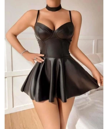 Bicomi Siyah Etekli Pileli Fantezi Deri Elbise