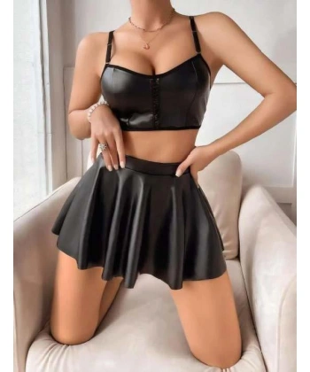 Bicomi Siyah Etekli Şık Fantezi Deri Elbise