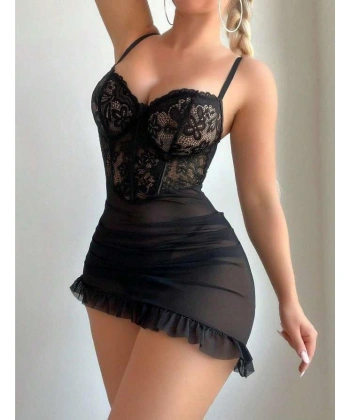 Bicomi Siyah Fırfırlı Dantel İşlemeli Tül Fantezi Gecelik