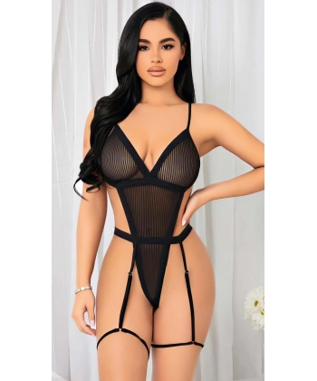 Bicomi Siyah İp Detaylı Tül Fantezi Body